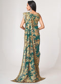 Teal Blue Floral Print And Sequence Embroidery Organza Saree In USA Germany