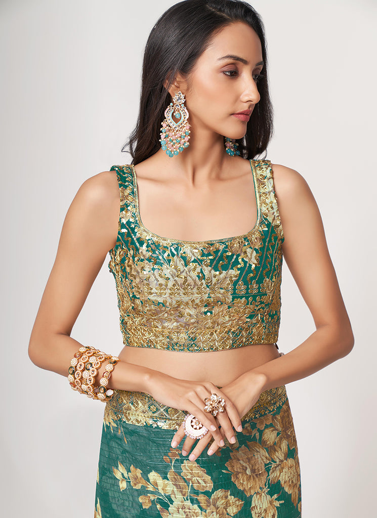 Teal Blue Floral Print And Sequence Embroidery Organza Saree In USA France