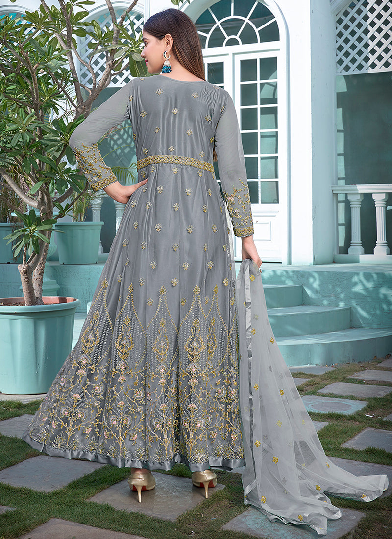 Light Grey Multi Embroidery Designer Anarkali Suit