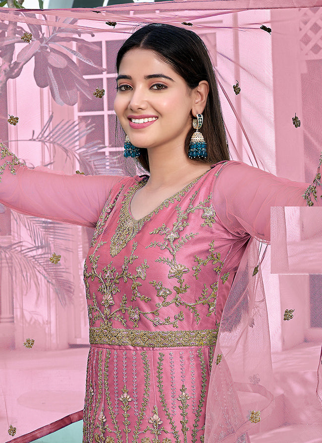 Pink Multi Embroidery Designer Anarkali Suit In USA