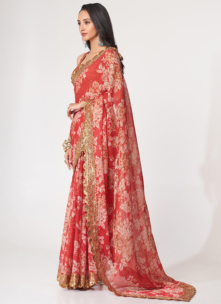 Red Floral Print Organza Saree In USA