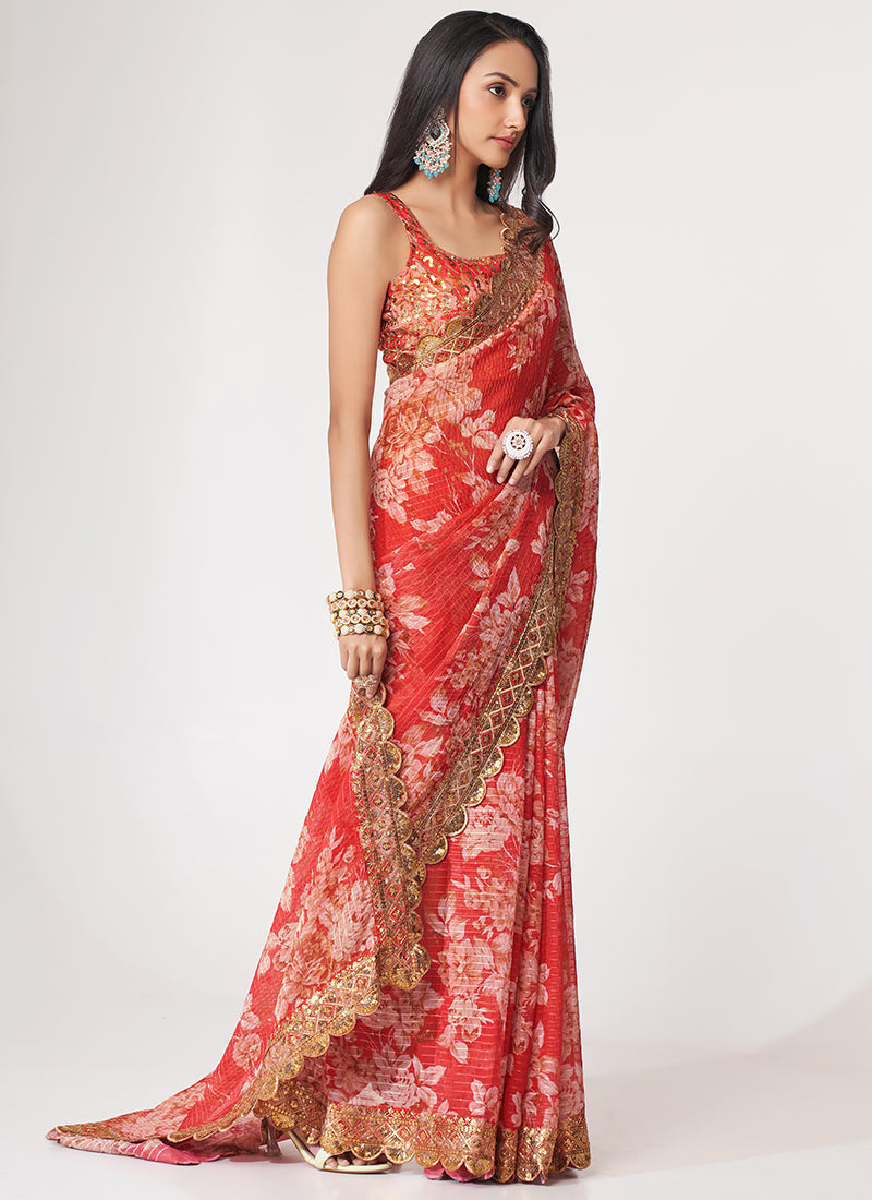 Red Floral Print Organza Saree In USA UK