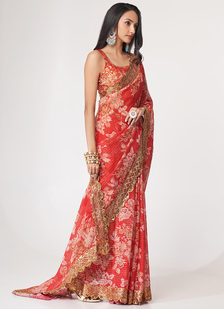 Red Floral Print Organza Saree In USA UK