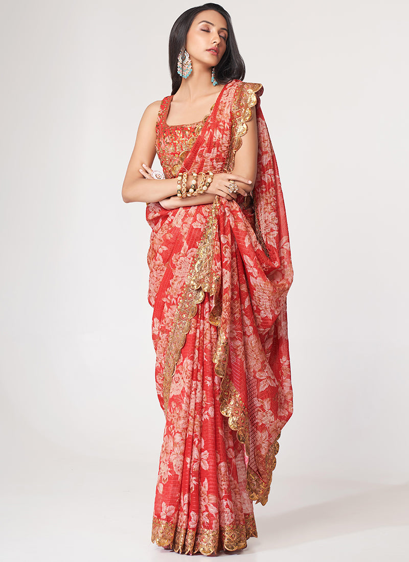 Red Floral Print Organza Saree In USA Canada