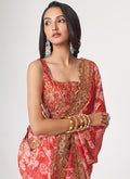 Red Floral Print Organza Saree In USA Germany