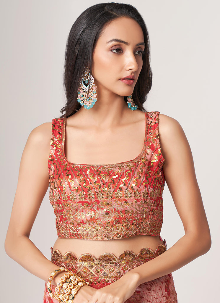 Red Floral Print Organza Saree In USA France