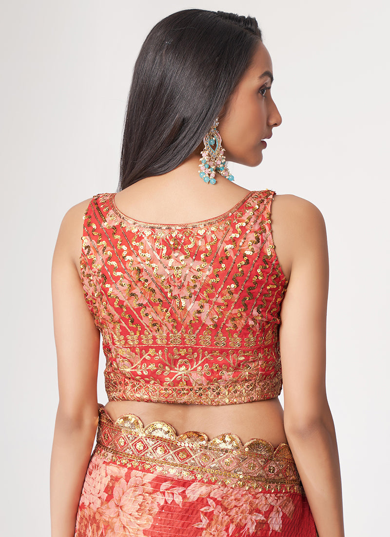 Red Floral Print Organza Saree In USA South Africa