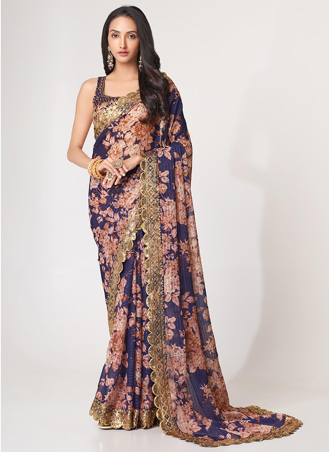 Purple Floral Print And Sequence Embroidery Organza Saree