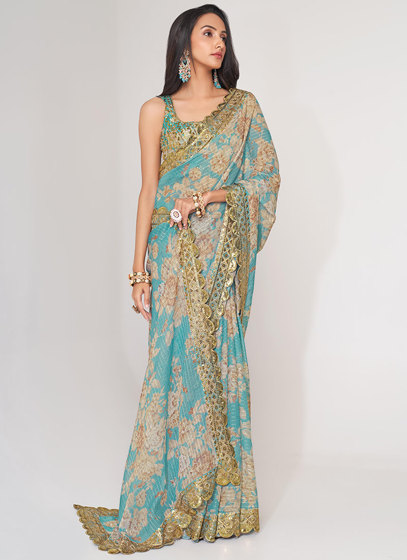 Sky Blue Floral Print Organza Saree In USA UK