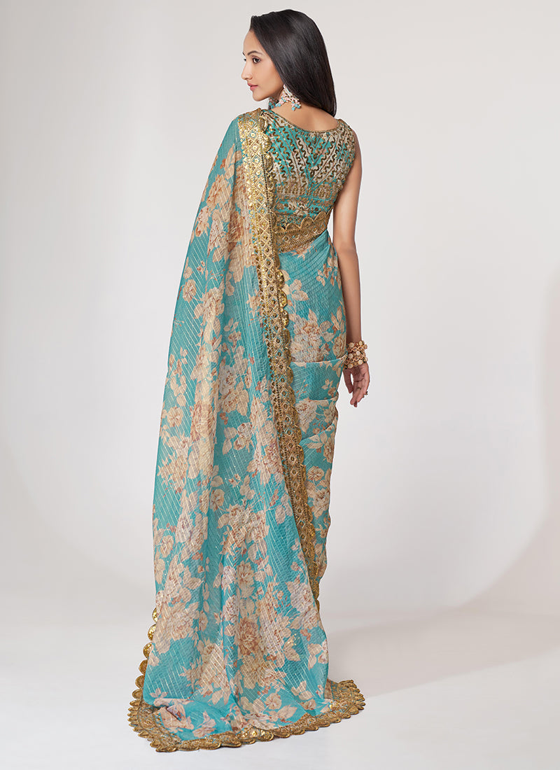 Sky Blue Floral Print Organza Saree In USA Germany