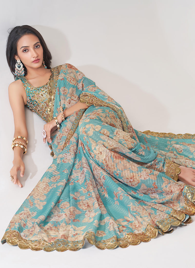 Sky Blue Floral Print Organza Saree In USA France