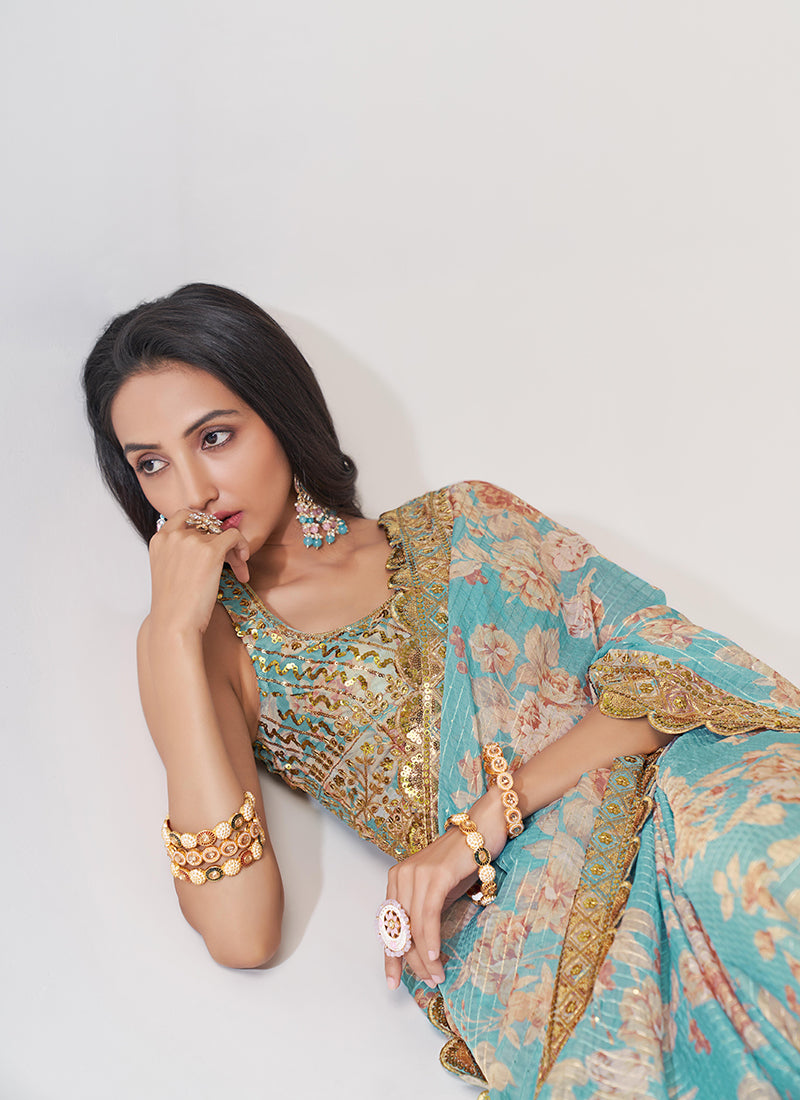 Sky Blue Floral Print Organza Saree In USA Indonesia