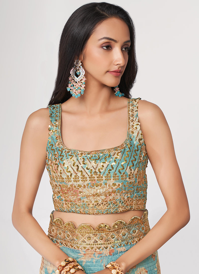 Sky Blue Floral Print Organza Saree In USA Singapore