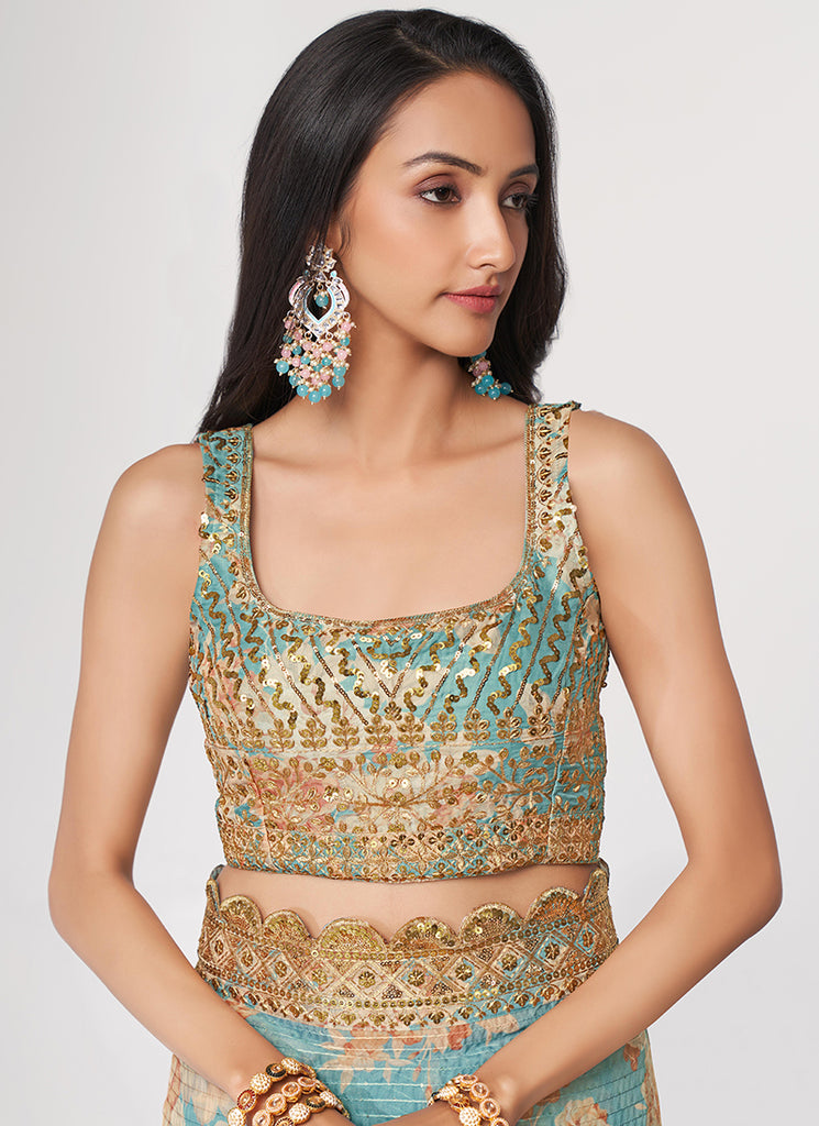 Sky Blue Floral Print Organza Saree In USA Singapore