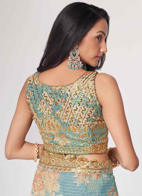 Sky Blue Floral Print Organza Saree In USA California