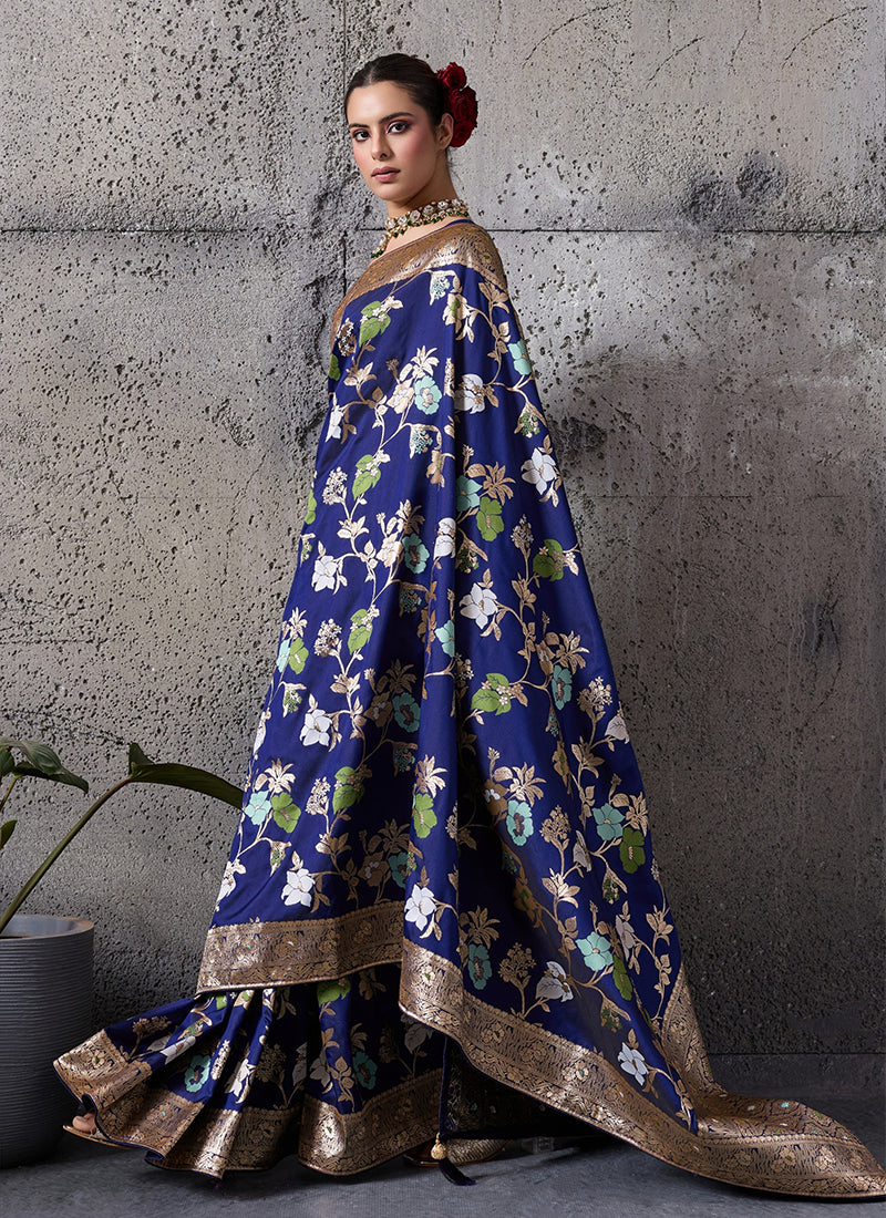 Blue Floral Banarasi Silk Saree