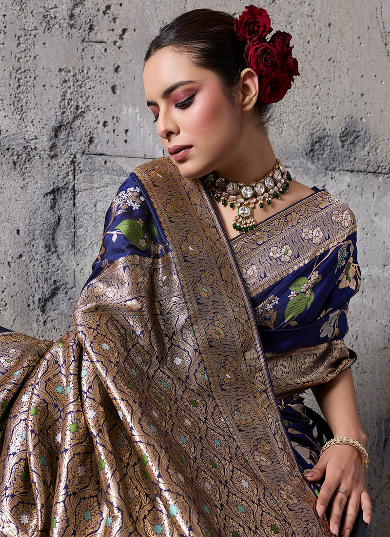 Blue Floral Banarasi Silk Saree