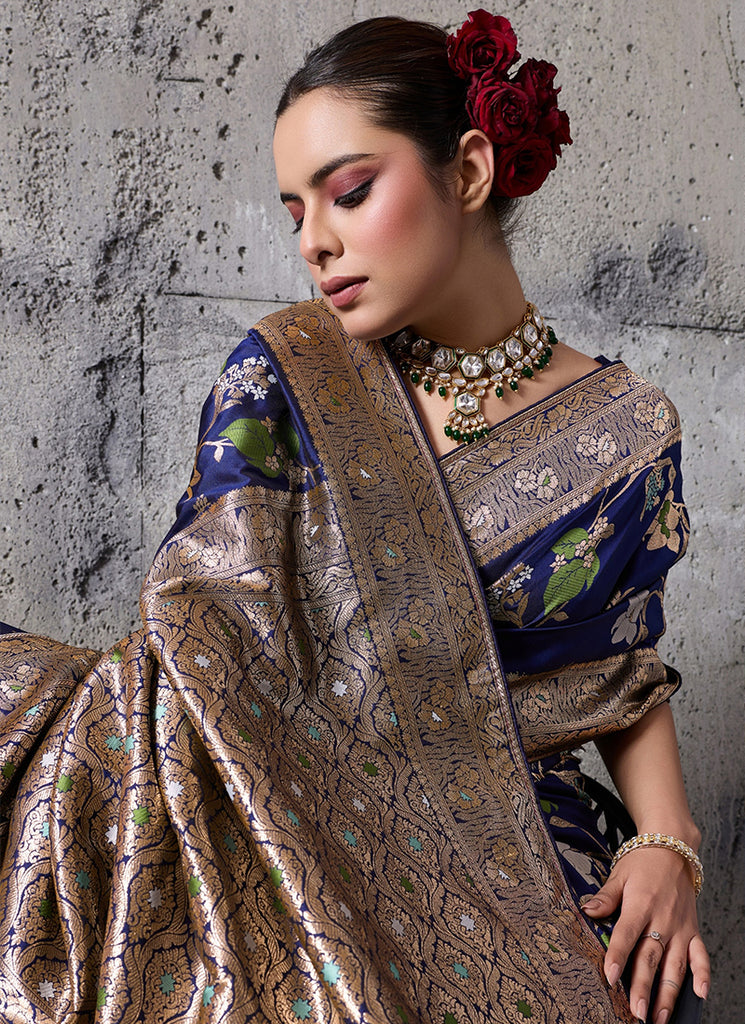 Blue Floral Banarasi Silk Saree