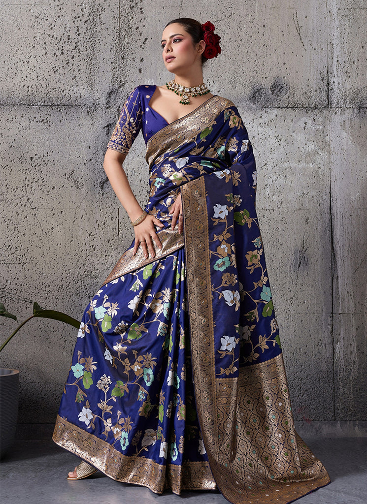 Blue Floral Banarasi Silk Saree