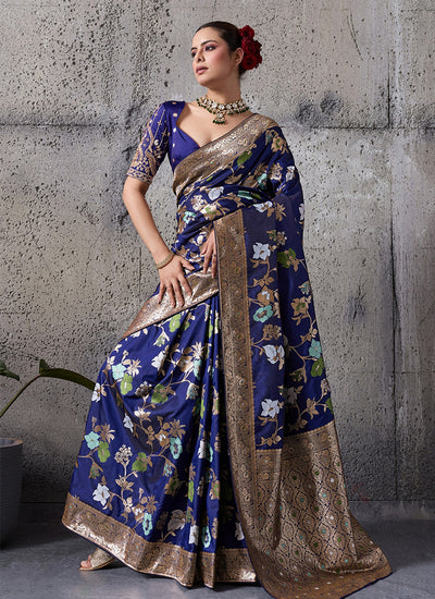 Blue Floral Banarasi Silk Saree