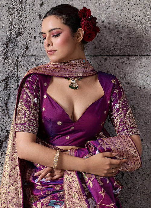 Wine Floral Banarasi Silk Saree