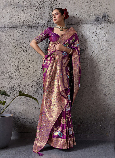 Wine Floral Banarasi Silk Saree
