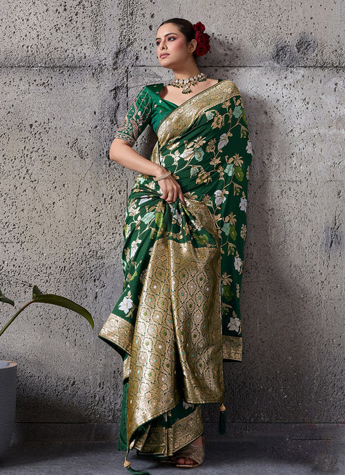 Green Floral Banarasi Silk Saree