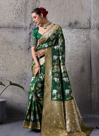 Green Floral Banarasi Silk Saree