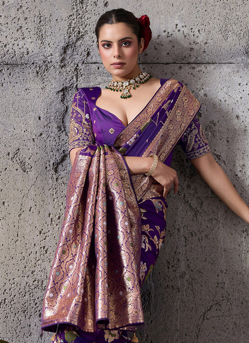 Purple Floral Banarasi Silk Saree