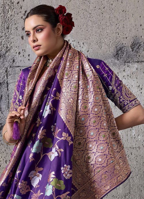 Purple Floral Banarasi Silk Saree