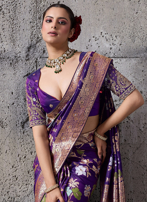 Purple Floral Banarasi Silk Saree