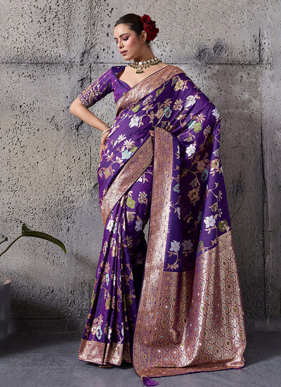Purple Floral Banarasi Silk Saree