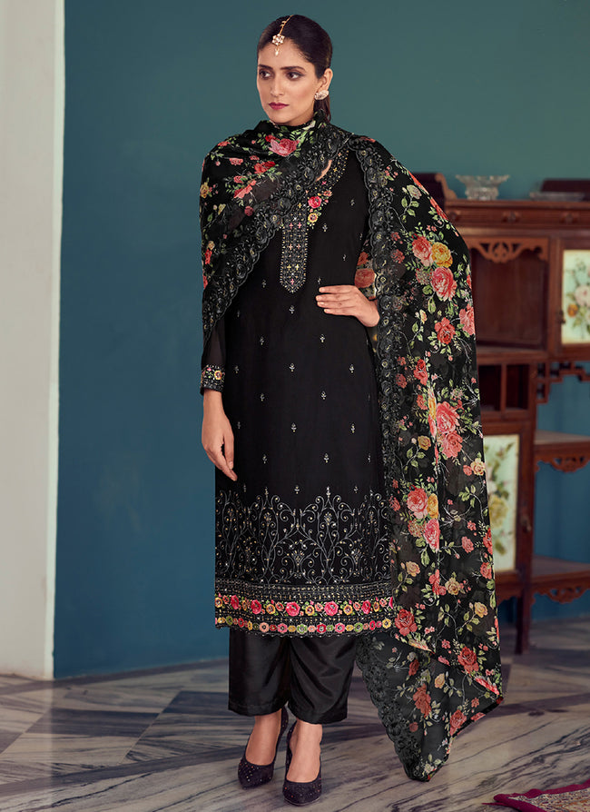 Black Multi Floral Embroidery Pant Style Suit