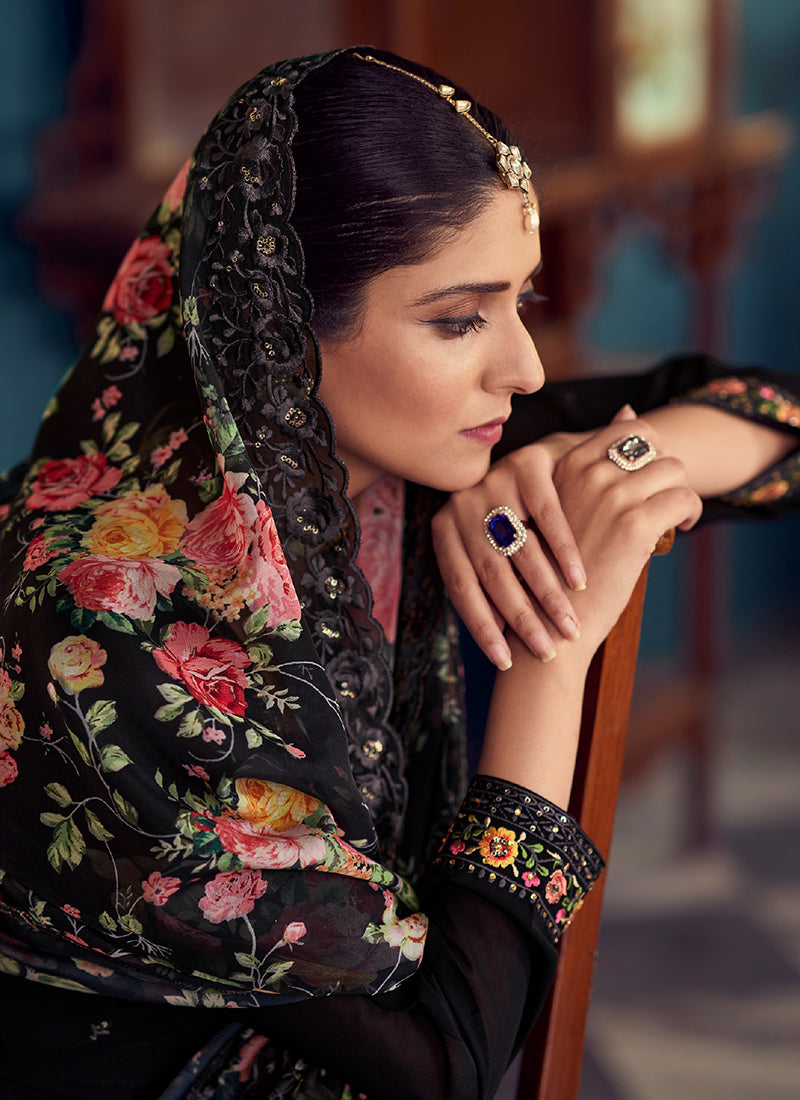 Buy Indian Clothes In Edmonton Black Multi Floral Embroidery Pant Style Suit At Hatkay