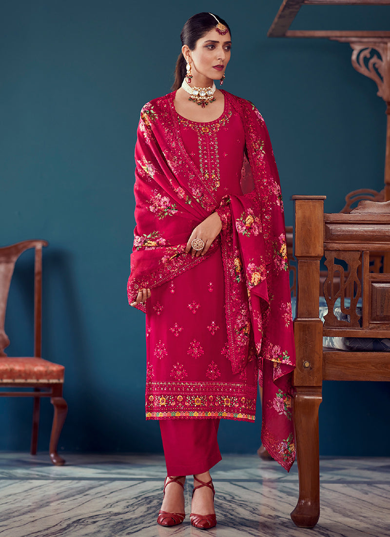 Buy Indian Outfits In Edmonton Magenta Pink Multi Floral Embroidery Pant Style Suit At Hatkay