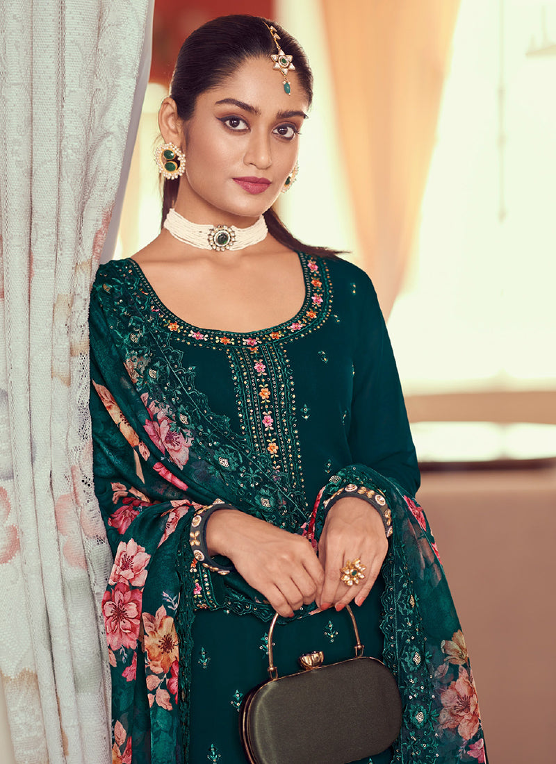 Buy Indian Dress In Edmonton Turquoise Multi Floral Embroidery Pant Style Suit At Hatkay