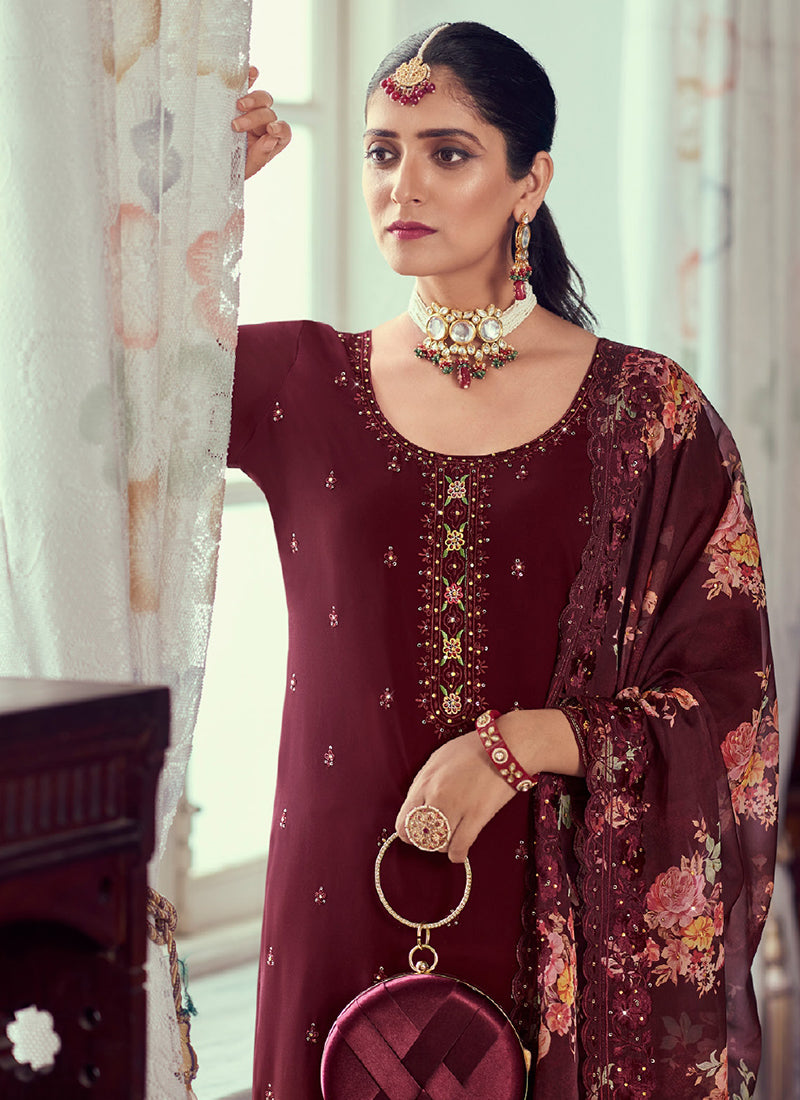 Buy Indian Suits In Edmonton Maroon Multi Floral Embroidery Pant Style Suit At Hatkay
