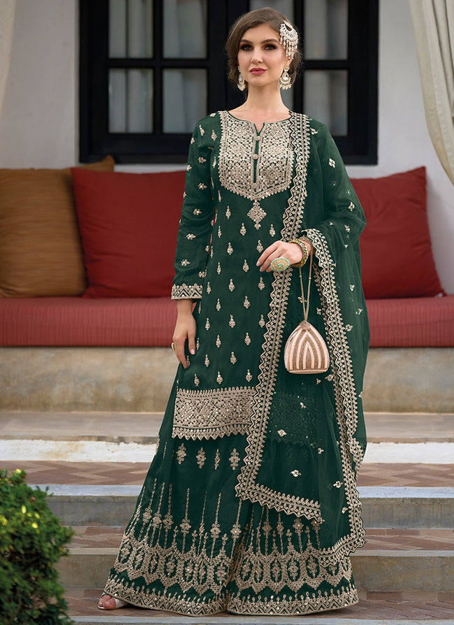Green Festive Embroidery Wedding Palazzo Suit