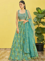 Aqua Blue Multi Embroidery Printed Lehenga Choli