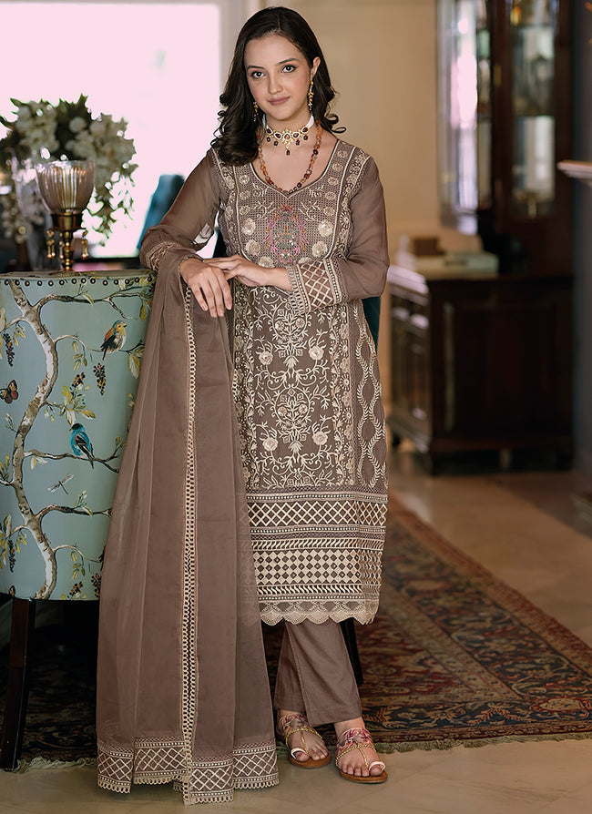 Light Brown Multi Embroidery Wedding Pant Style Suit