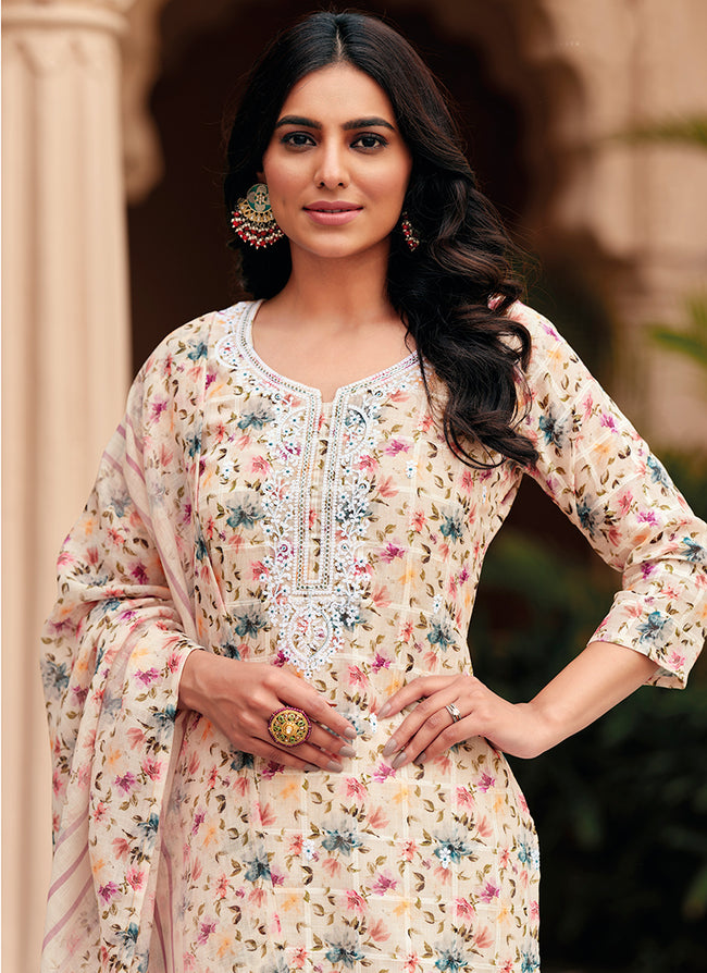 Cream Pakistani Pant Style Suit In Usa Canada