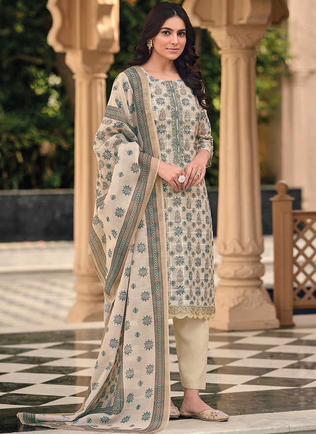 Cream Floral Handwork Embroidery Pakistani Pant Style Suit