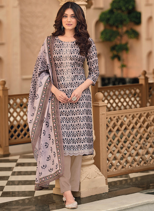 Lavender Floral Handwork Embroidery Pakistani Pant Style Suit