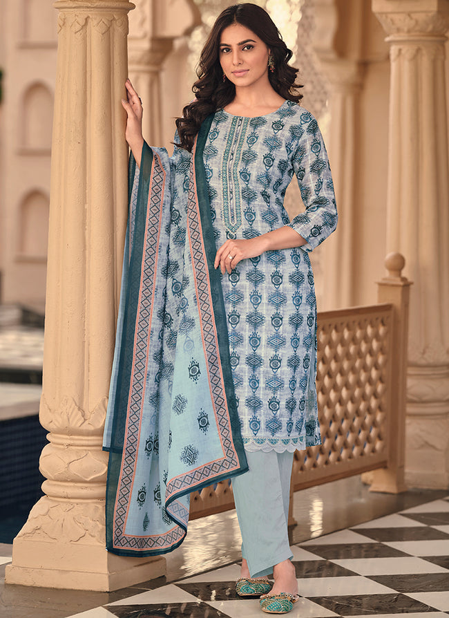 Blue Floral Handwork Embroidery Pakistani Pant Style Suit