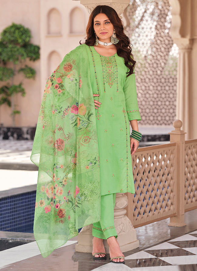 Light Green Multi Floral Embroidery Cotton Salwar Kameez