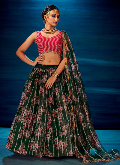 Green And Pink Sequence Embroidered Festive Lehenga Choli