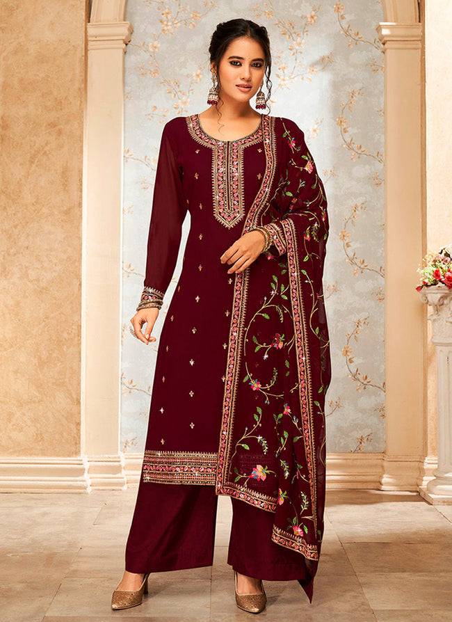 Summer Maroon Color Semi-stitched Full Sleeves Glossary Georgette Palazzo  Suit With Embroidered And Diamond Stone Work at Best Price in Surat |  Leranath Enterprise