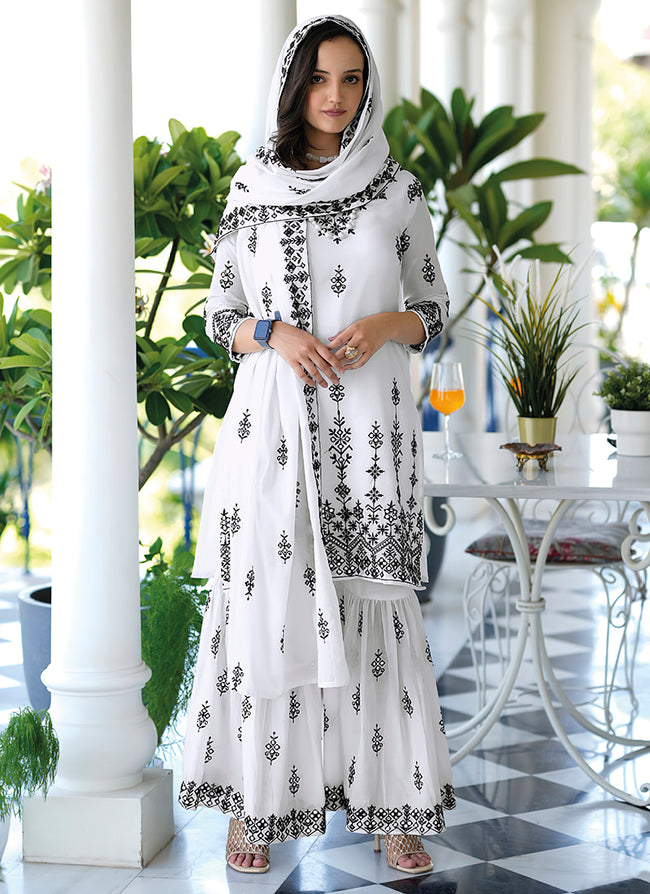 White Lucknowi Embroidery Traditional Gharara Suit