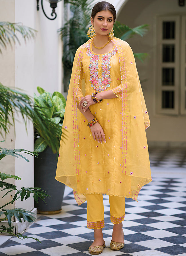 Yellow Multi Floral Embroidery Traditional Salwar Kameez