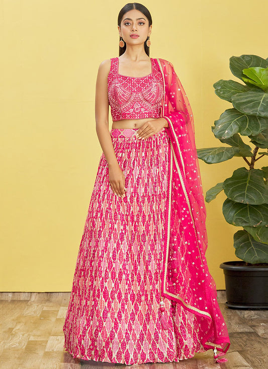 Hot Pink Multi Embroidery Printed Lehenga Choli
